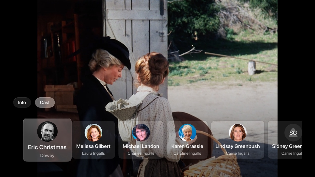 The Cast tab open over a paused episode, showing a row of cast headshots with names and roles