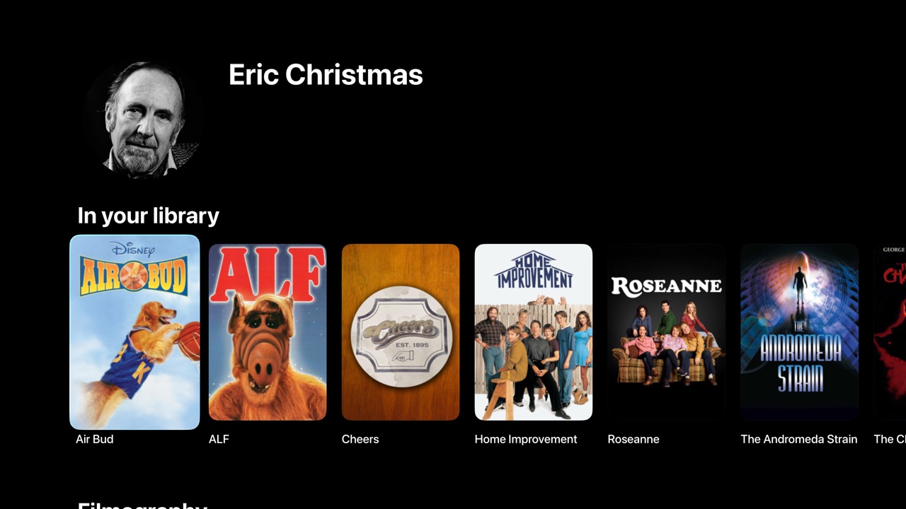 An actor page opened from the player, listing the titles in your library they appear in