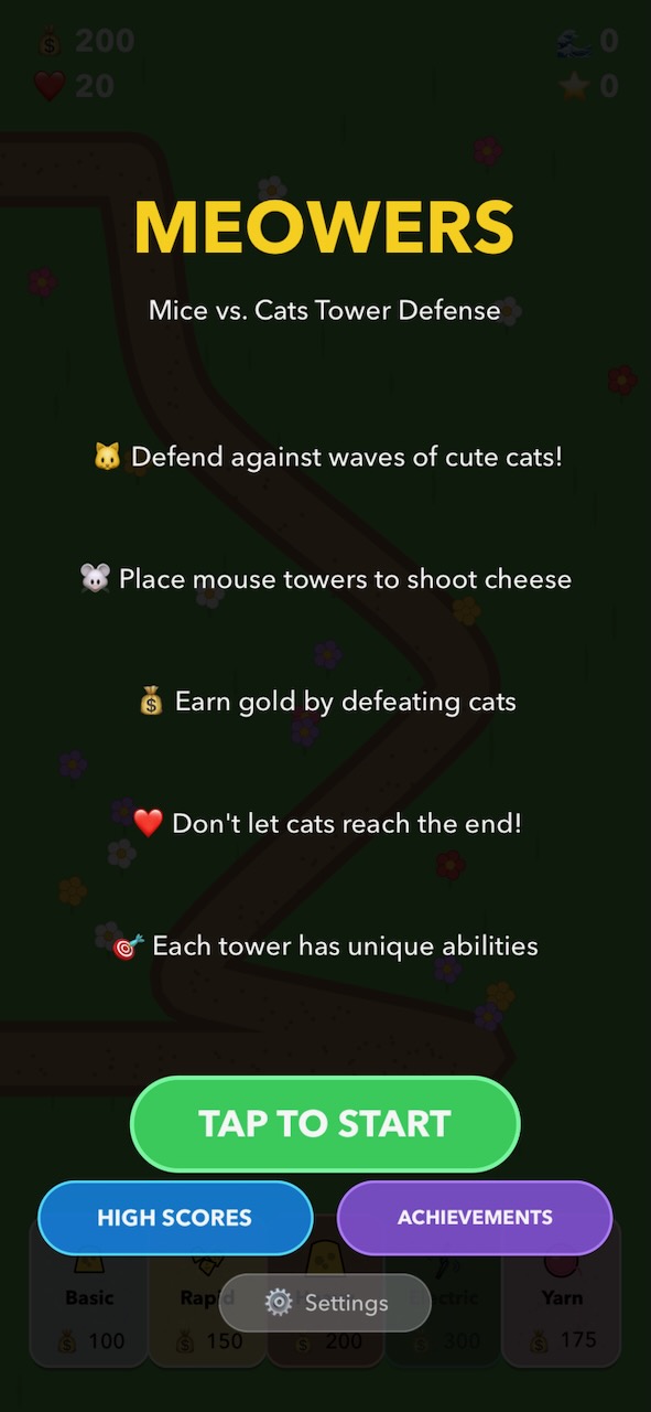 Meowers main menu showing game features
