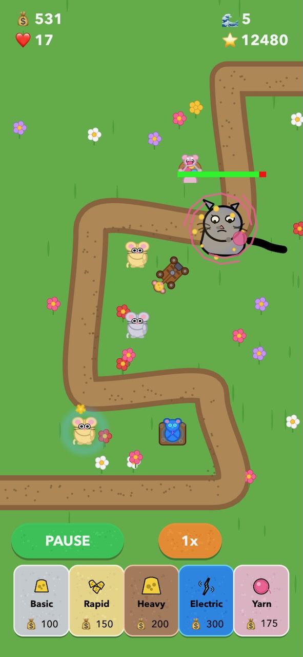 Meowers gameplay with upgraded towers in action